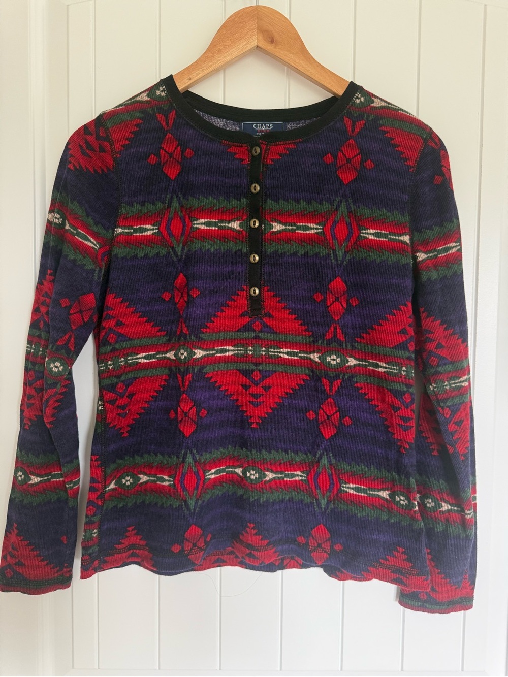 Chaps Denim Southwestern Thermal Henley Shirt Aztec Print Cotton Top Petite Larg